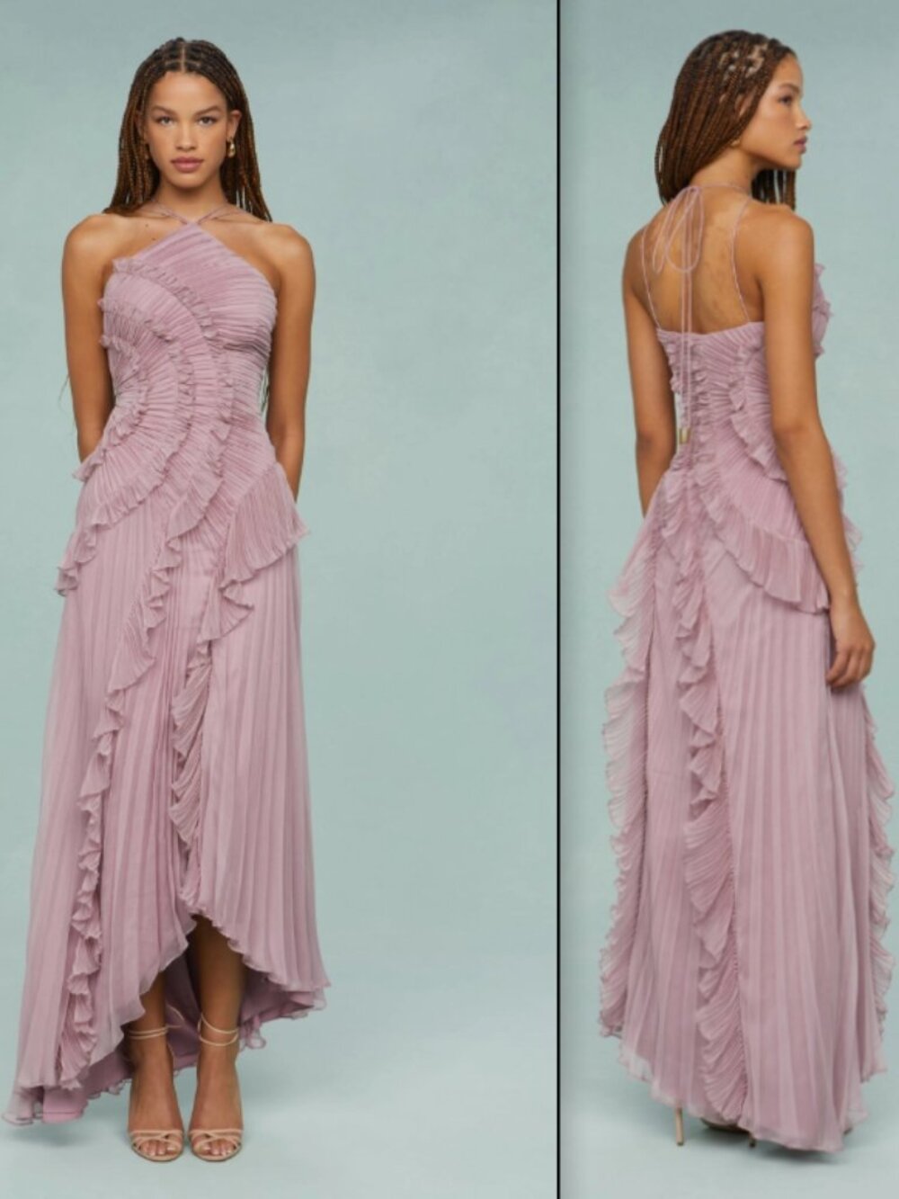 Pleated Frill Halter Neck Midi Dress Pink